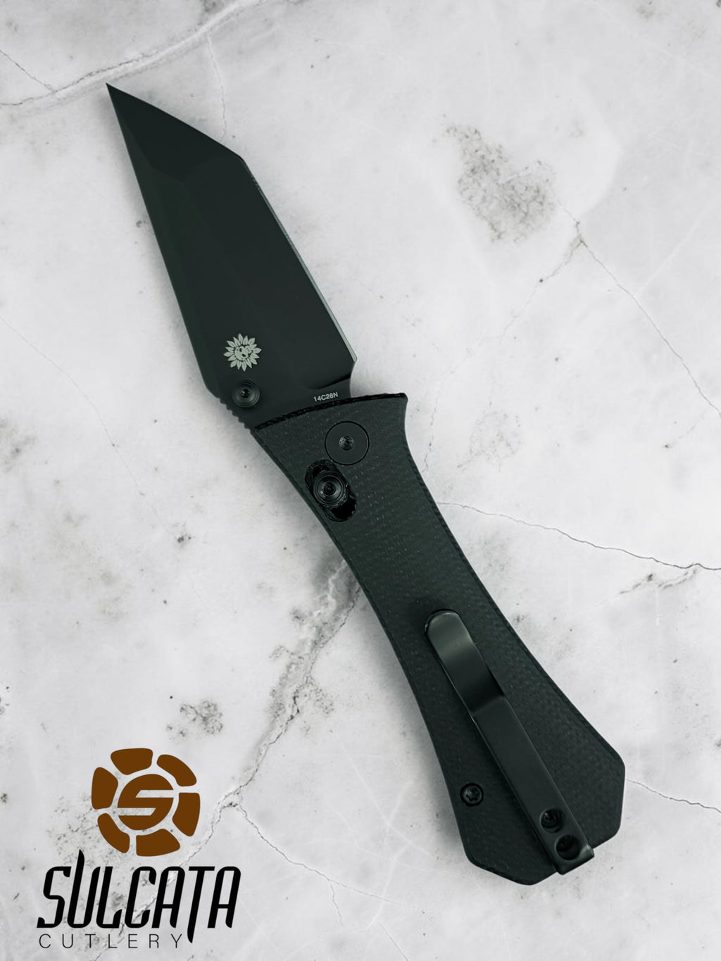 Auxiliary Manufacturing Coffin Tanto Crossbar Lock Manual Flipper Black Micarta (2.7" DLC Black)