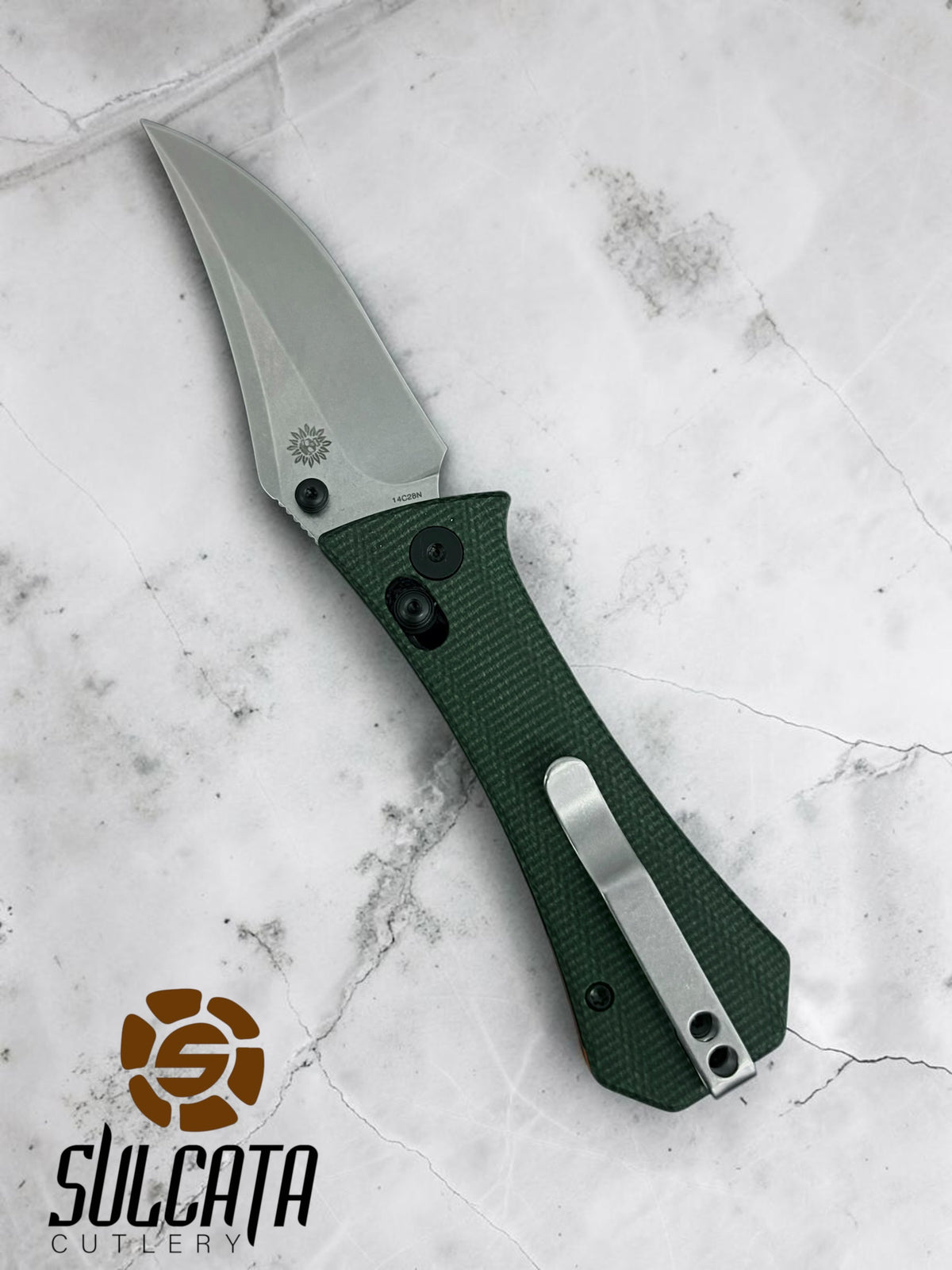 Auxiliary Manufacturing Pocket Bowie Manual Thumb Stud Folder Crossbar Lock Green Micarta