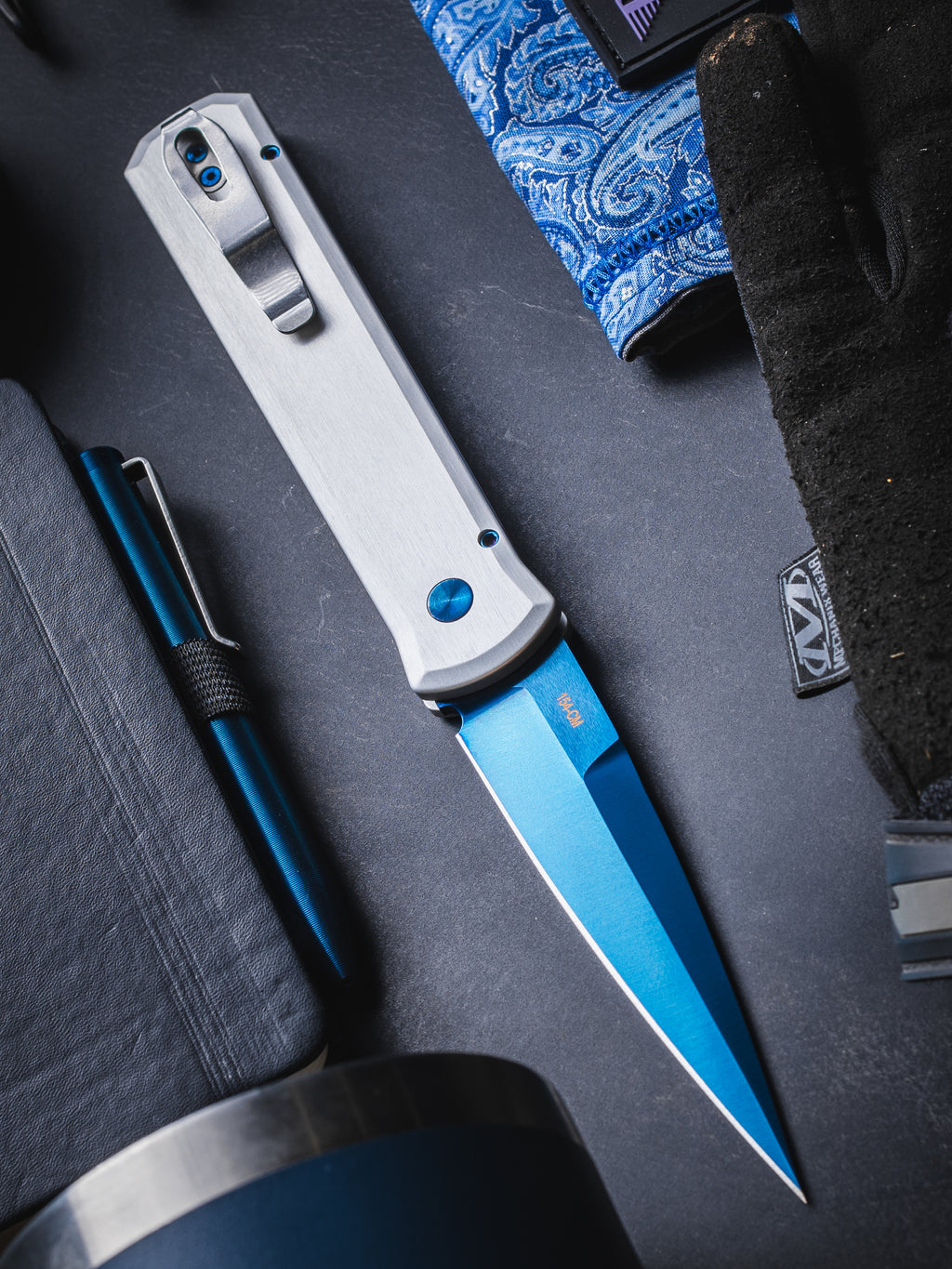 Pro-Tech Godfather Satin Silver Automatic Knife Blade Show Atlanta 2026 (4"Sapphire Blue)