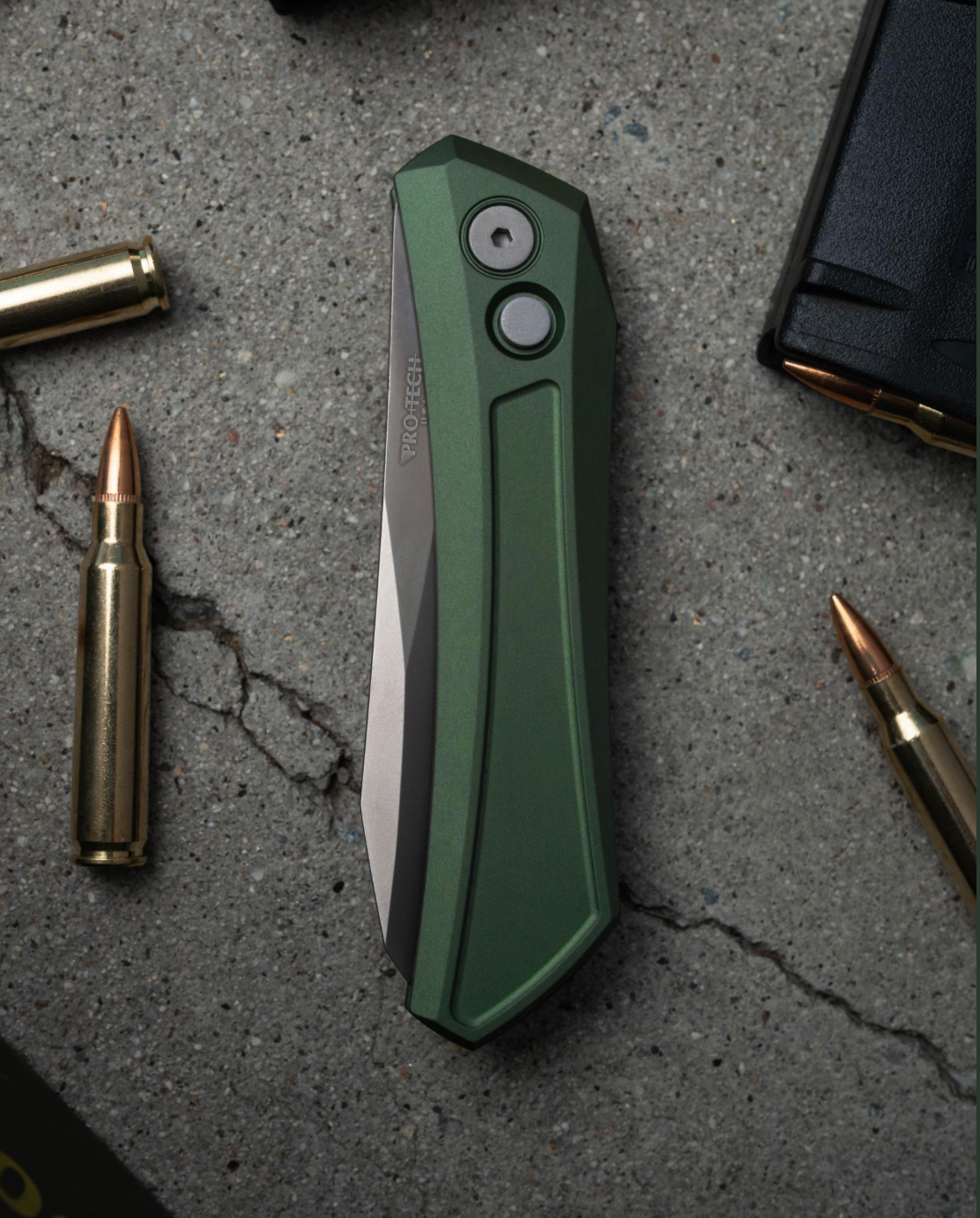 Pro-Tech Oligarch Sheepsfoot Automatic Knife Green Aluminum (3.25" Grey DLC)