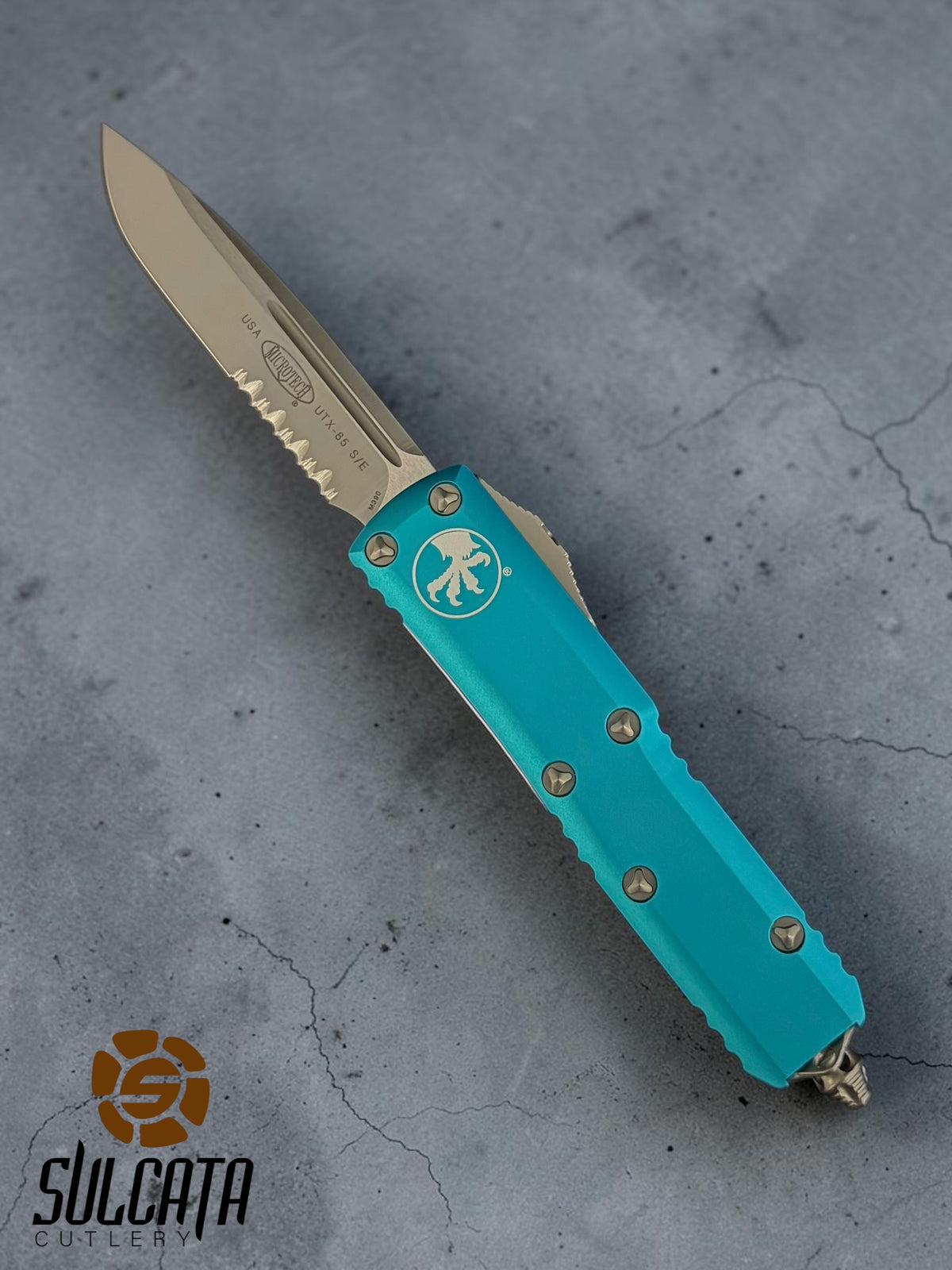 Microtech UTX-85 S/E Turquoise Satin Partial Serration OTF Knife (3.1" Satin)