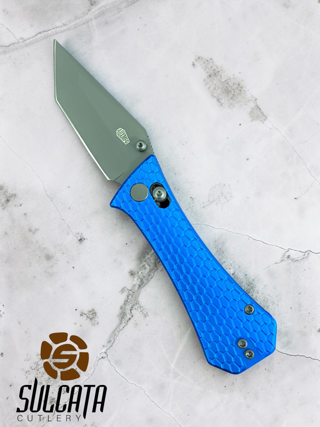 Auxiliary Manufacturing Coffin Tanto Crossbar Blue Aluminum Manual Flipper (2.7" Grey PVD)
