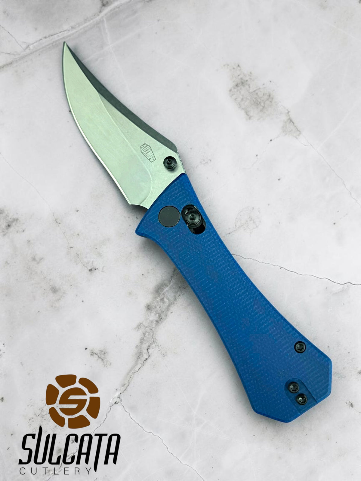 Auxiliary Manufacturing Pocket Bowie Manual Thumb Stud Folder Crossbar Lock Blue Micarta (2.7" SW)