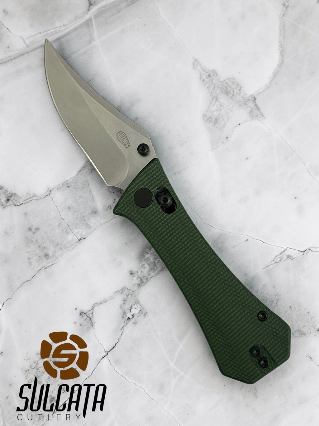 Auxiliary Manufacturing Pocket Bowie Manual Thumb Stud Folder Crossbar Lock Green Micarta
