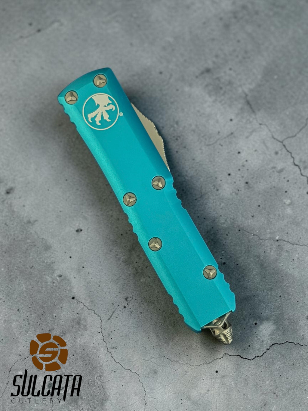 Microtech UTX-85 S/E Turquoise Satin Partial Serration OTF Knife (3.1" Satin)