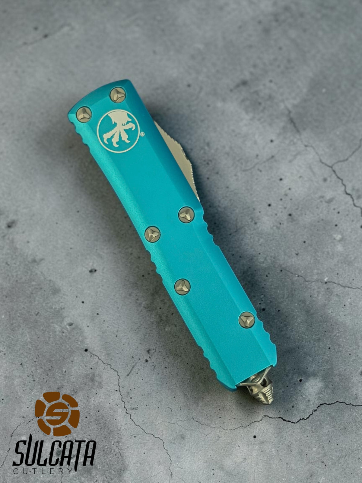 Microtech UTX-85 S/E Turquoise Satin Partial Serration OTF Knife (3.1" Satin)
